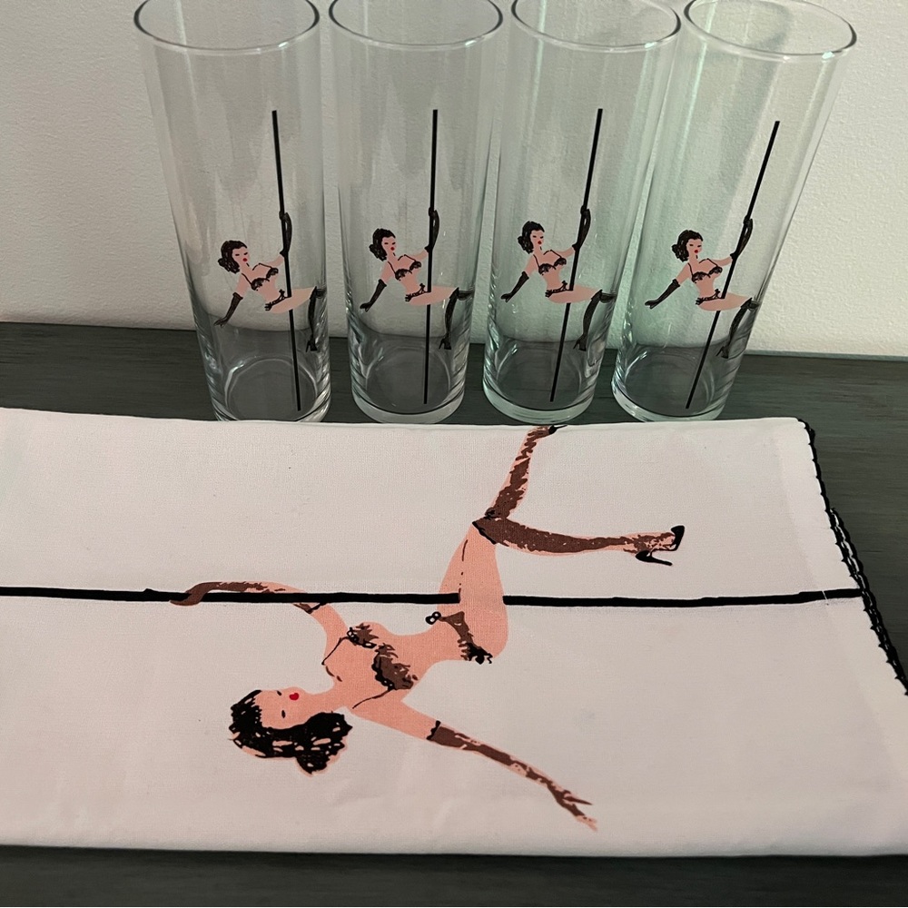 Set of 4 Cynthia Rowley Pole Dancer Glasses and matching Bar Towel. Never used.